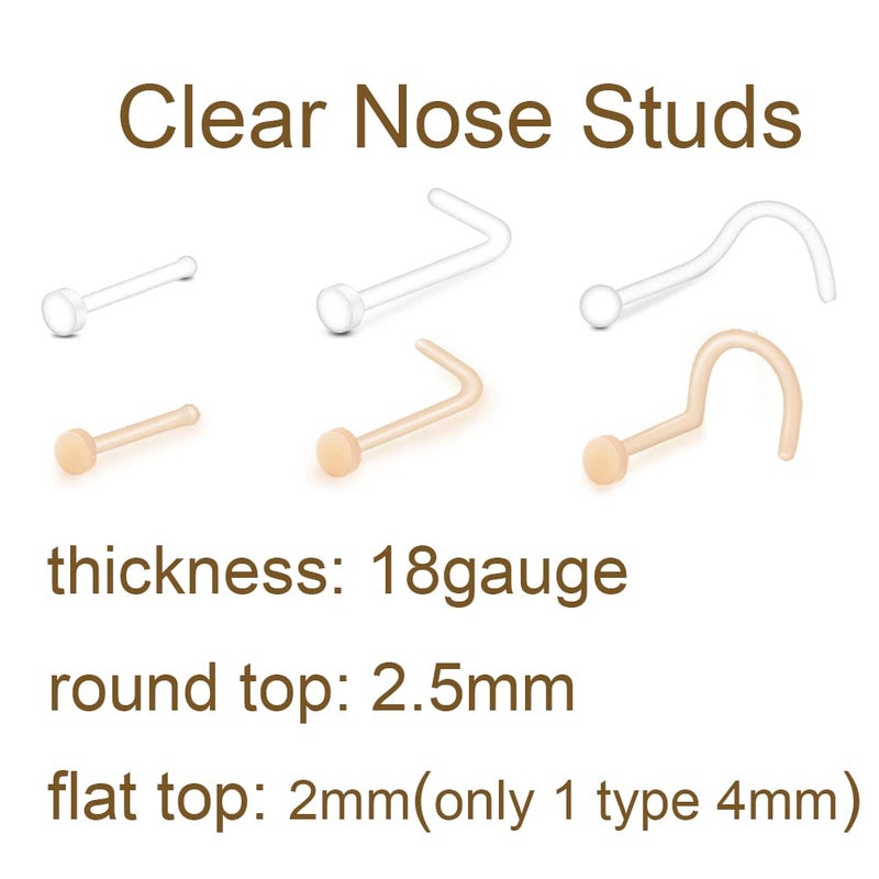 MODRSA 18g 20g Clear Nose Rings Retainer L-shaped Nose Studs Screw Flexible Flesh Skin Color CZ Gem High Nostril Pin Bone Flat Top Small Nose Piercing Retainer for Work Surgery 7mm bar - Image 2